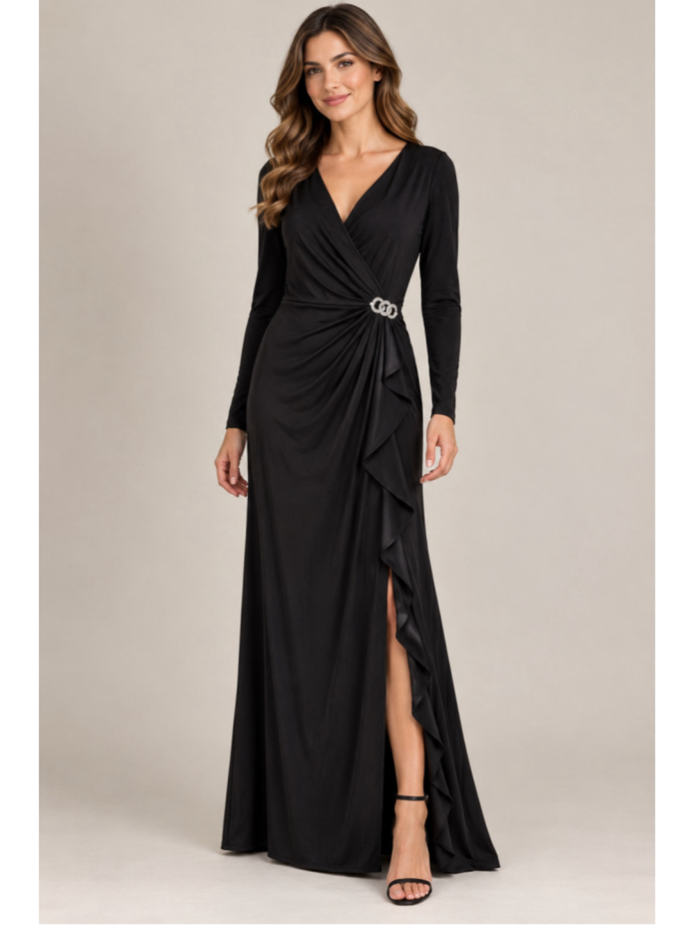 Lauren Ralph Lauren Ruffle Trim Jersey Gown Black Rhinestone Maxi Dress 10